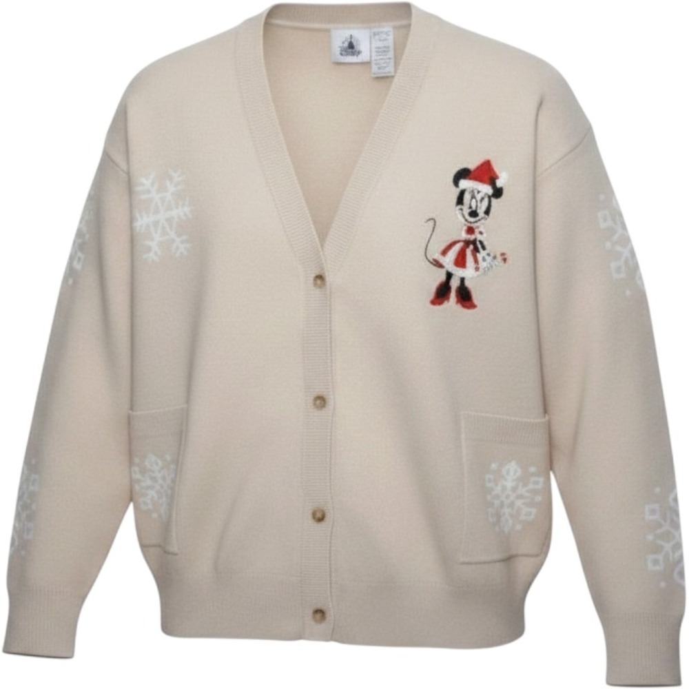 DISNEY Minnie Mouse Christmas Holiday Cardigan Taupe Sweater Women's 3XL 3X NEW